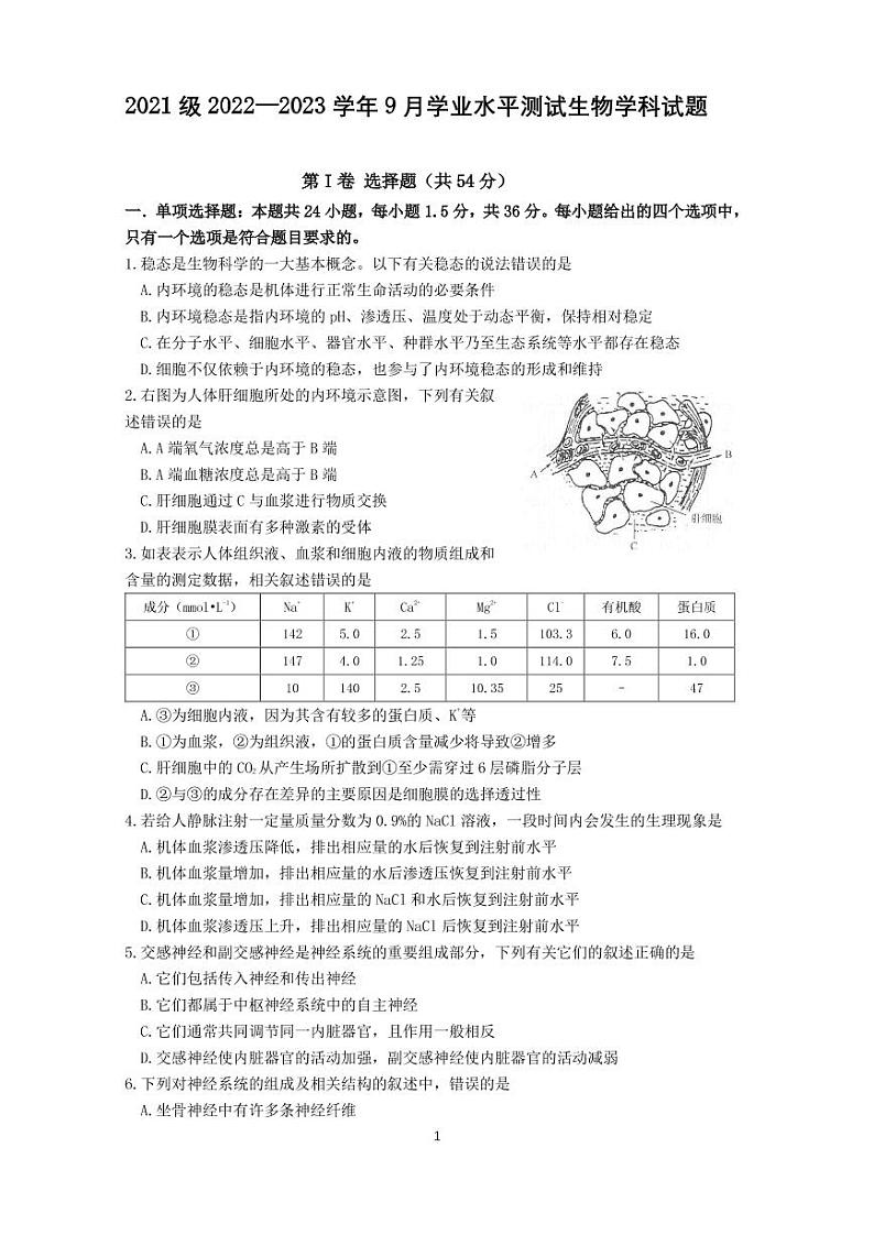山东省山东师范大学附属中学2022-2023学年高二上学期第一次月考生物试卷PDF版含答案第1页