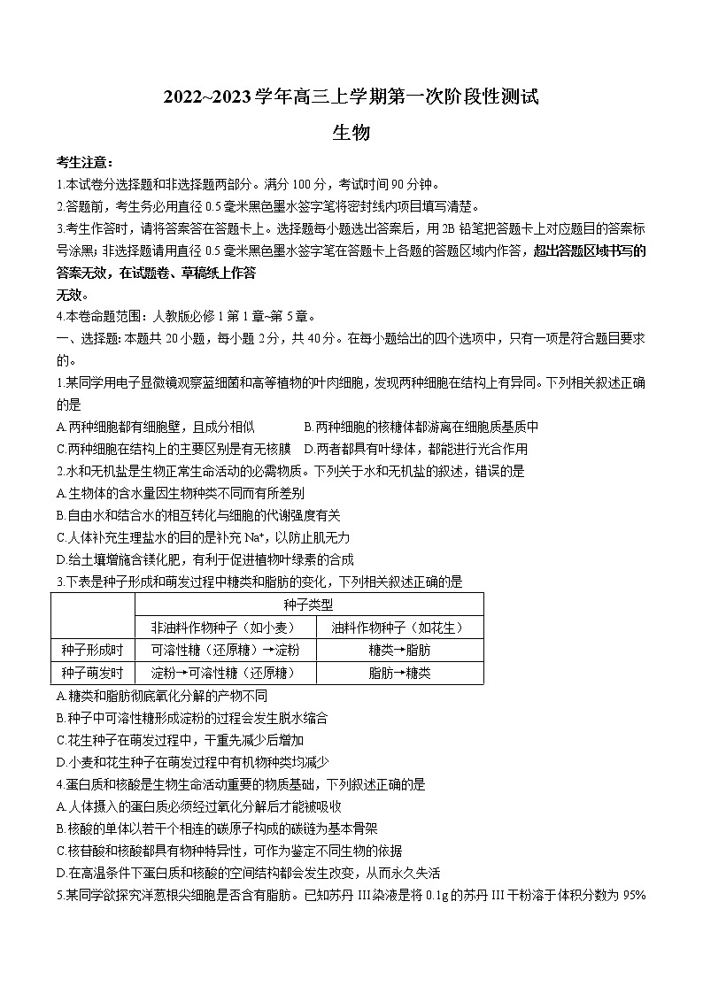 安徽省皖优联盟2022-2023学年高三上学期第一次阶段测试生物试题（含答案）第1页