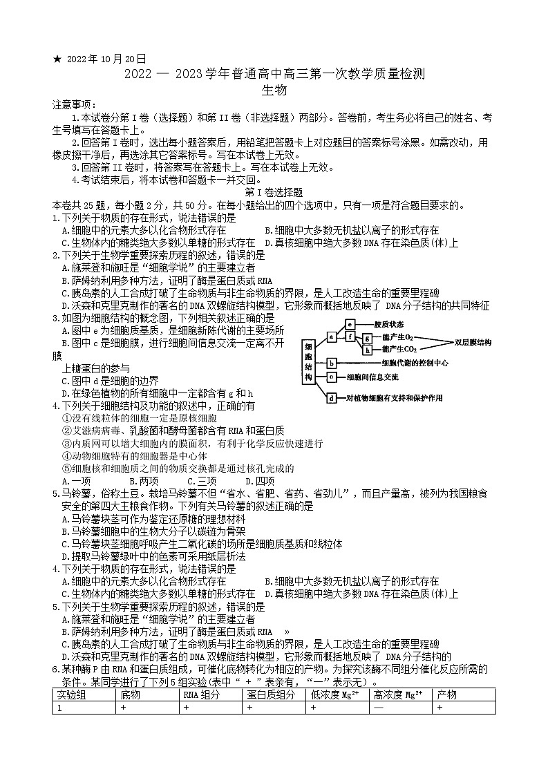 河南省信阳市普通高中2022-2023学年高三上学期第一次教学质量检测生物试题（含答案）01