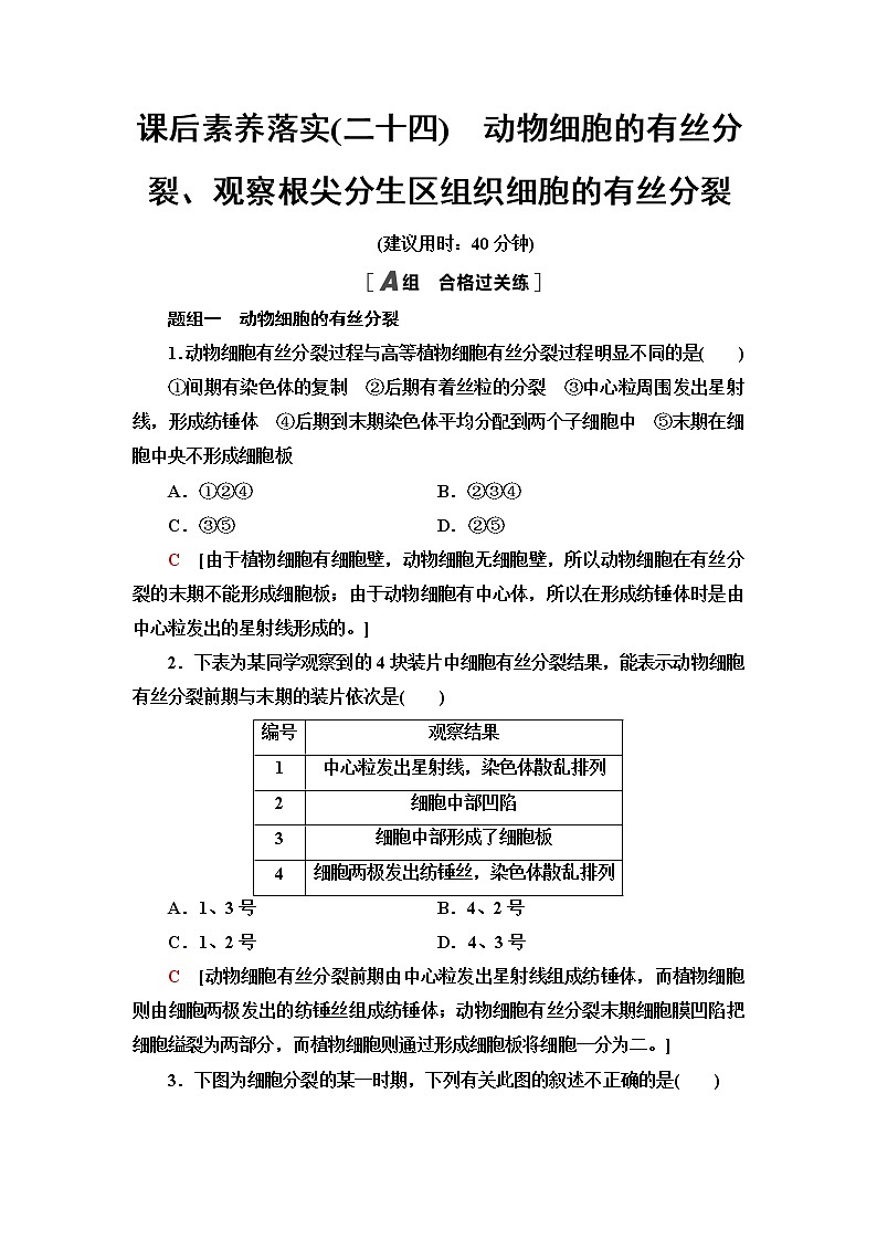 人教版高中生物必修1课后素养落实24动物细胞的有丝分裂、观察根尖分生区组织细胞的有丝分裂含答案 试卷01