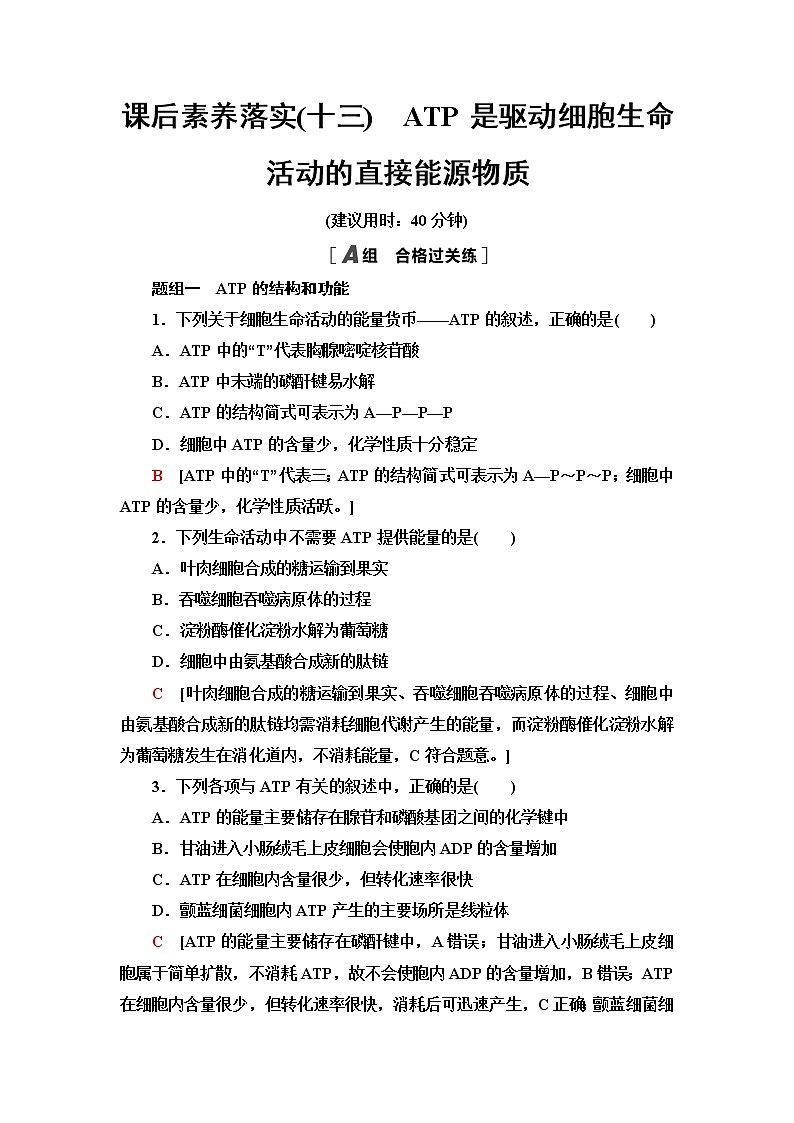 苏教版高中生物必修1课后素养落实13ATP是驱动细胞生命活动的直接能源物质含答案 试卷01