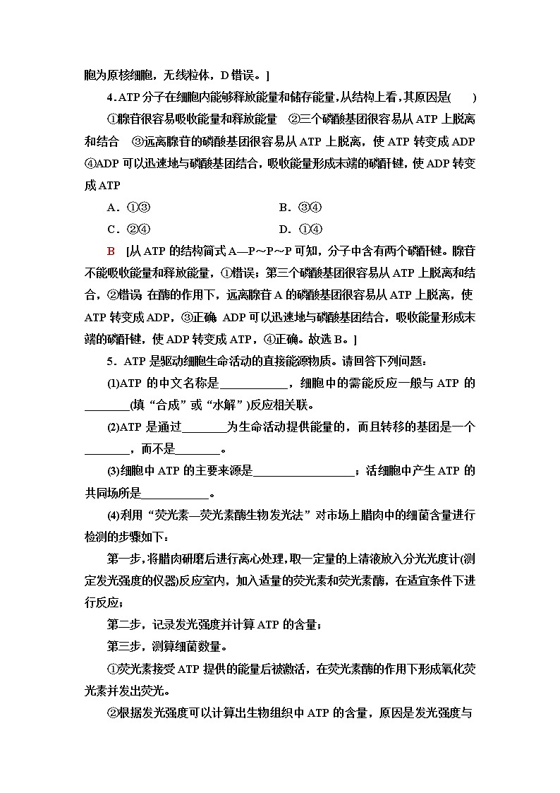 苏教版高中生物必修1课后素养落实13ATP是驱动细胞生命活动的直接能源物质含答案 试卷02