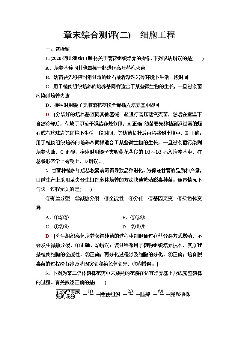 人教版高中生物选择性必修3生物技术与工程章末综合测评2细胞工程含答案01