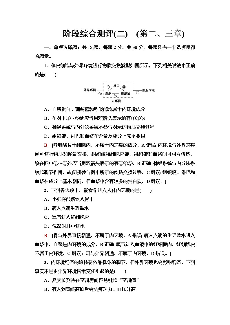 苏教版高中生物选择性必修1稳态与调节阶段综合测评(二)(第二、三章)含答案第1页