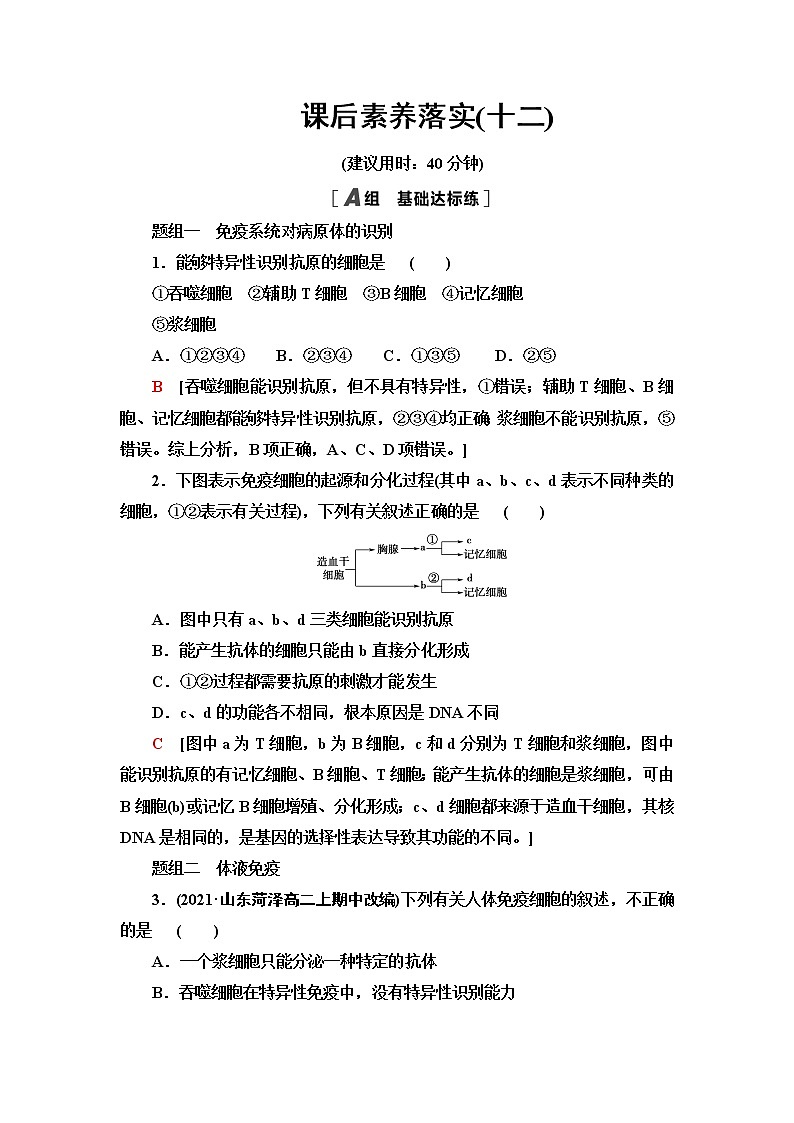 苏教版高中生物选择性必修1稳态与调节课后素养落实12特异性免疫应答含答案 试卷01