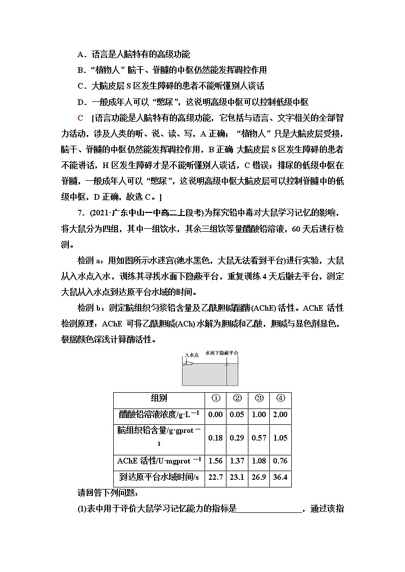 苏教版高中生物选择性必修1稳态与调节课后素养落实4低级神经中枢和高级神经中枢相互联系、相互协调人脑的高级功能含答案 试卷03