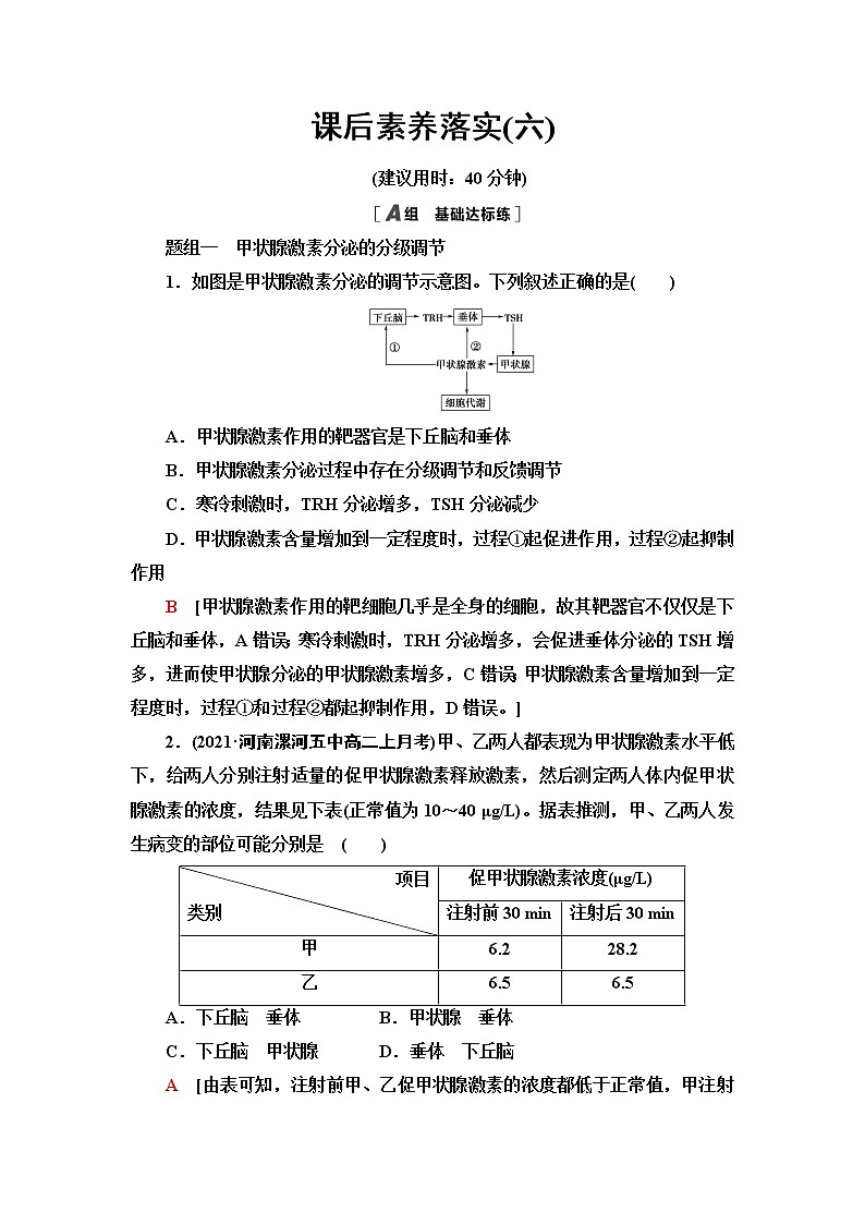 苏教版高中生物选择性必修1稳态与调节课后素养落实6激素的作用特点其他体液成分参与的体液调节关注过量使用激素和滥用兴奋剂的问题含答案01