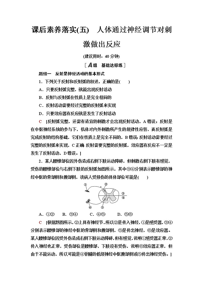 浙科版高中生物选择性必修1课后素养落实5人体通过神经调节对刺激做出反应含答案第1页