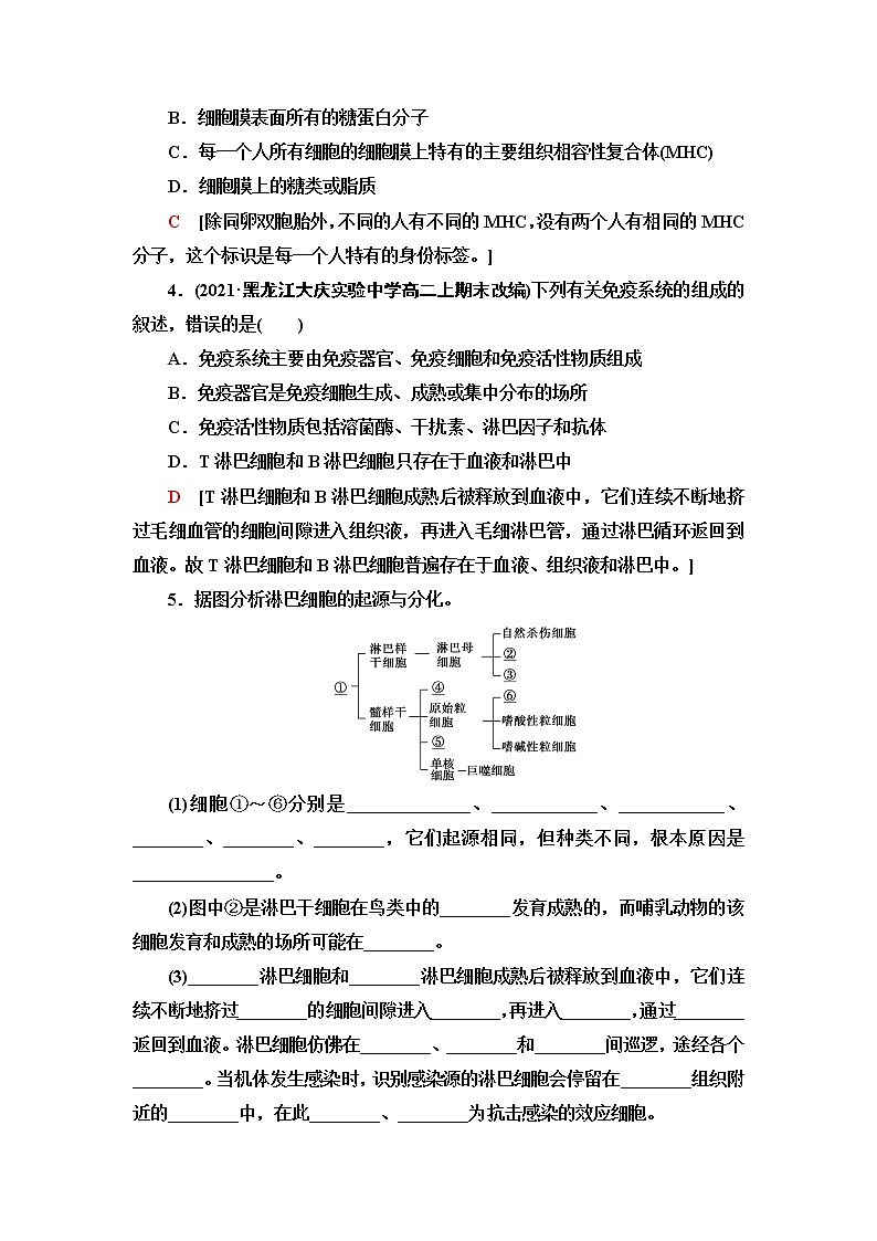 浙科版高中生物选择性必修1课后素养落实10免疫系统识别“自己”和“非己”人体通过非特异性免疫对抗病原体含答案 试卷02