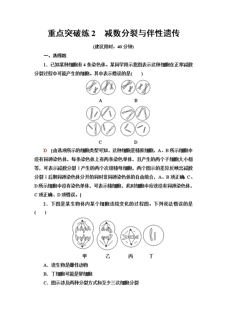 人教版高中生物必修2重点突破练2减数分裂与伴性遗传含答案第1页