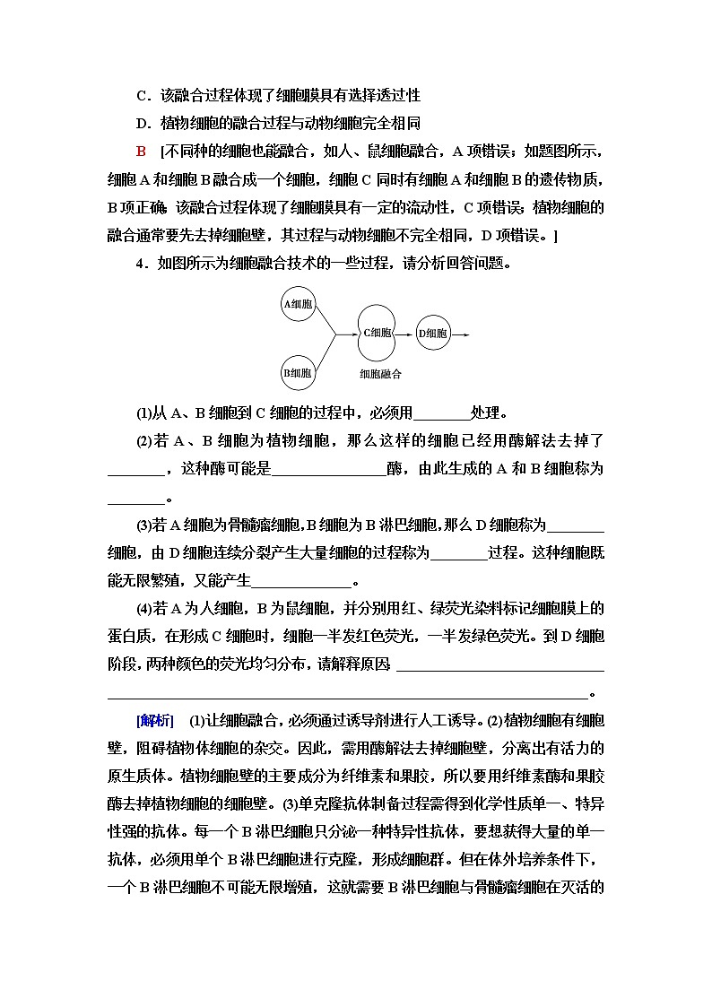浙科版高中生物选择性必修3课后素养落实10通过细胞融合可产生具有新特性的细胞含答案 试卷02
