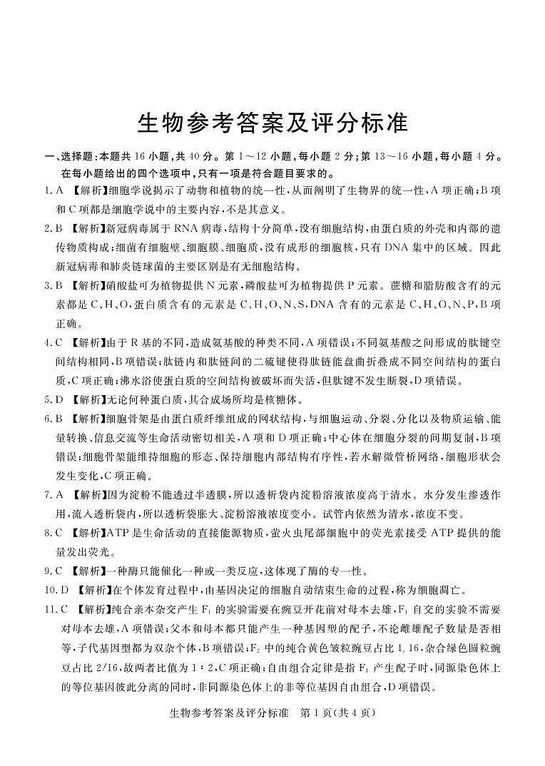 深圳市6校联盟2022—2023学年高三10月质量检测生物答案第1页