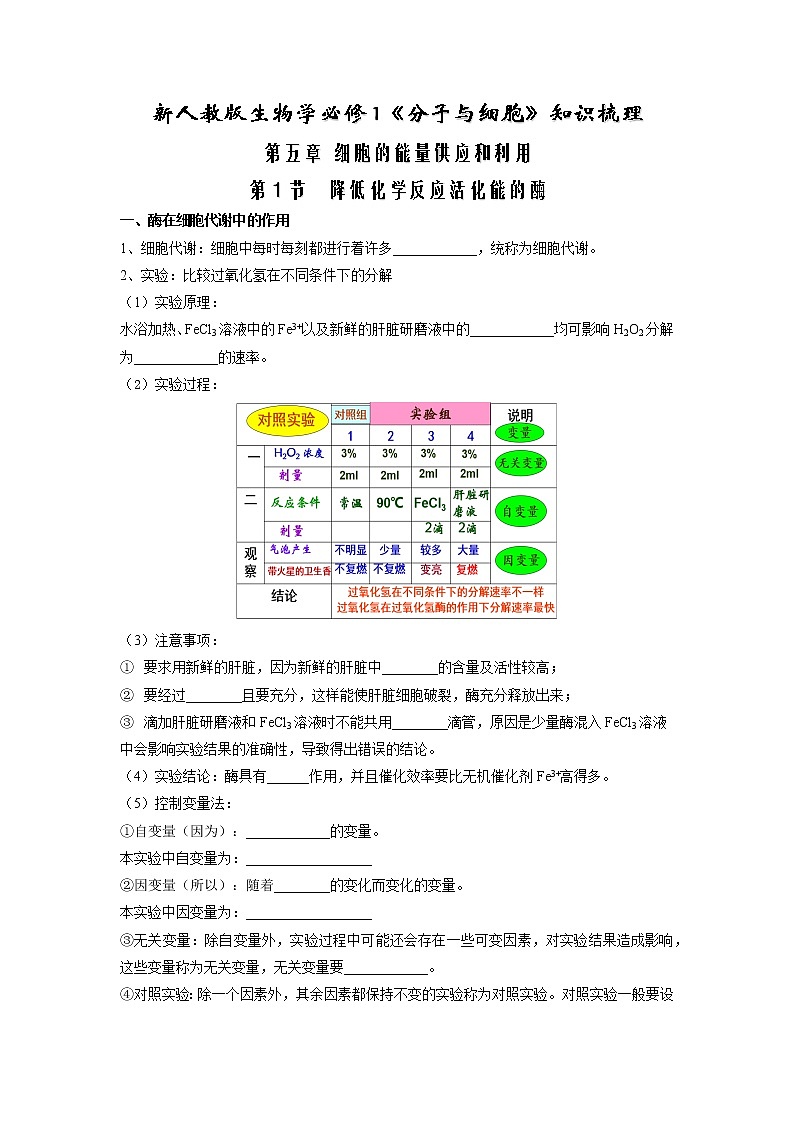 【必背知识清单】高中生物(人教版2019)必修第一册 5.1 降低化学反应活化能的酶  同步必备知识清单01