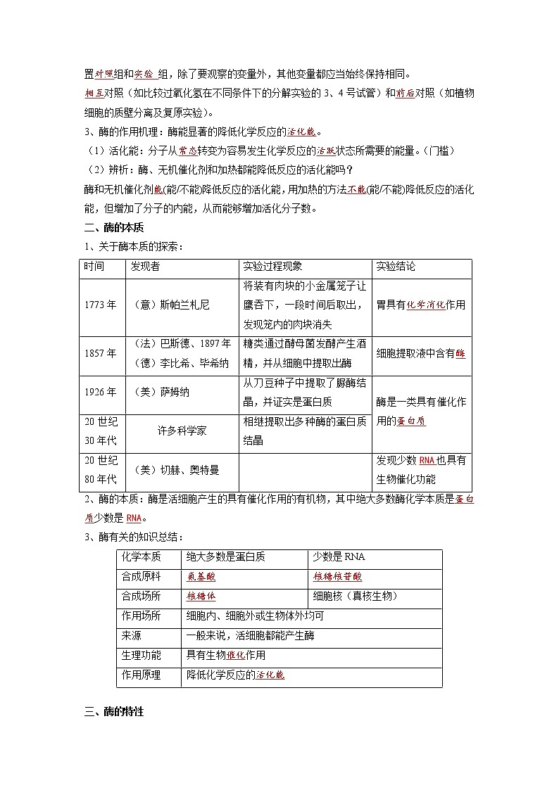【必背知识清单】高中生物(人教版2019)必修第一册 5.1 降低化学反应活化能的酶  同步必备知识清单02