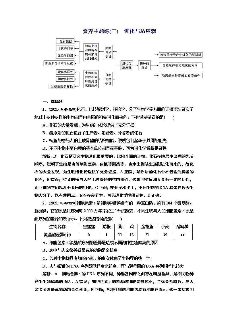 【最新版】23届高考生物二轮复习之素养主题练(三)　进化与适应观第1页