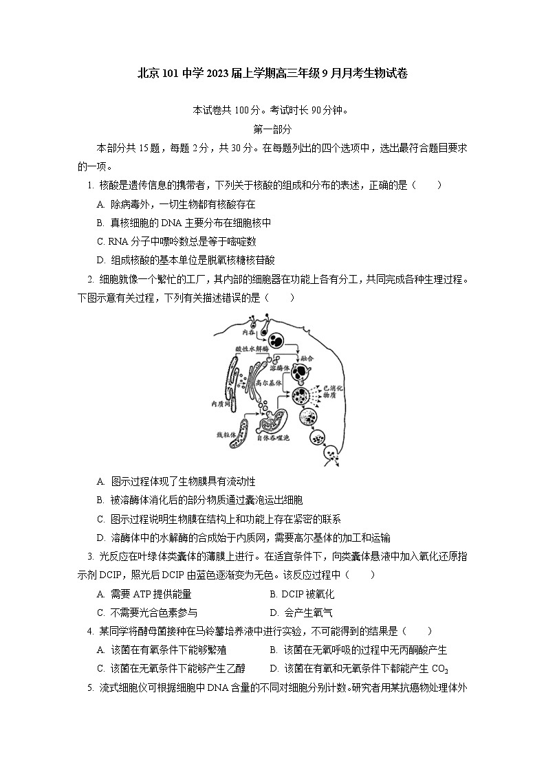 北京市海淀区一零一中学2023届高三生物上学期9月月考试题（Word版附答案）01