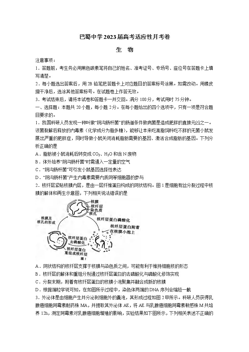 重庆市巴蜀中学2022-2023学年高三生物上学期适应性月考（三）（Word版附解析）第1页