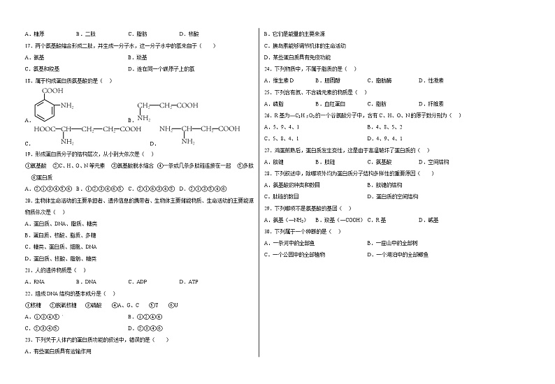 2023天津武清区黄花店中学高一上学期第一次形成性练习生物试题第2页