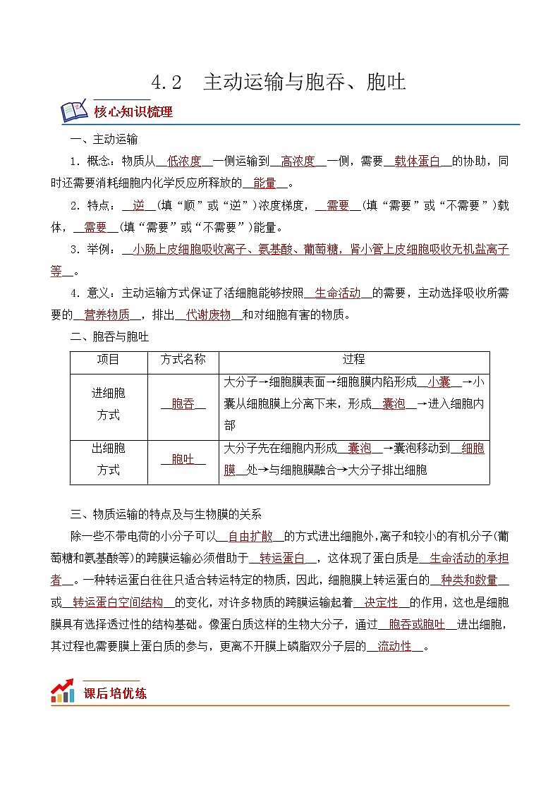 【培优分级练】高中生物(人教版2019)必修第一册 4.2《主动运输与胞吞、胞吐》同步分级练（解析版）第1页