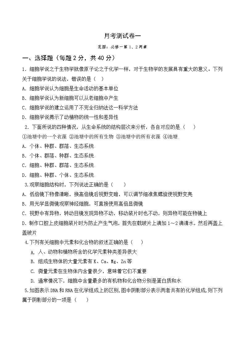 【培优分级练】高中生物(人教版2019)必修第一册 第一次月考卷（含解析）-全册综合01