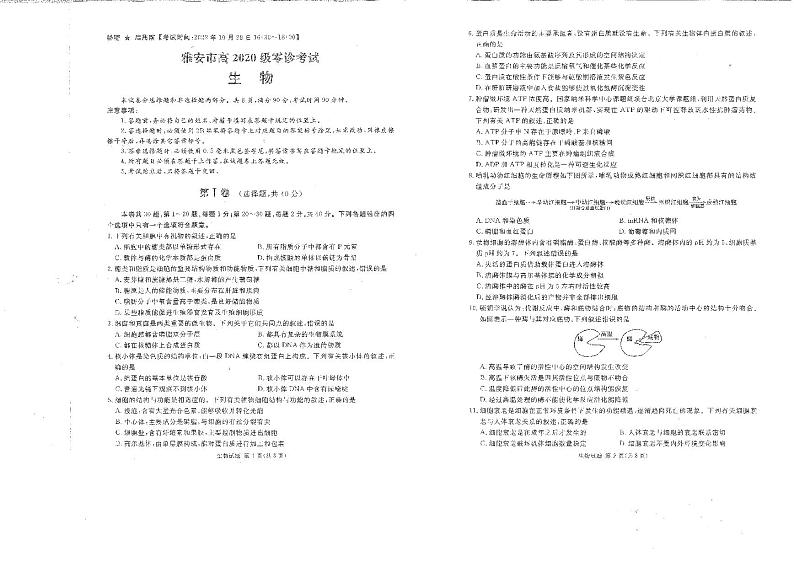 2023雅安高三上学期10月零诊试题生物PDF版含答案01