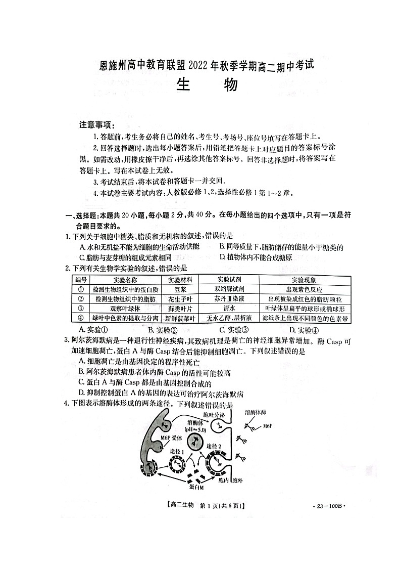 2023恩施州高中教育联盟高二上学期期中考试生物试题扫描版含答案01