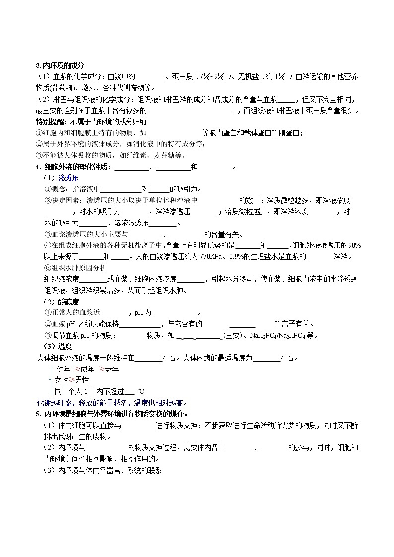 第1章 人体的内环境与稳态-【学霸养成】2022-2023学年高二上学期生物必背知识清单（人教版2019选择性必修1）（学生版）第2页