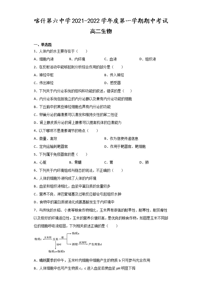 2022喀什六中高二上学期期中考试生物试题含答案第1页