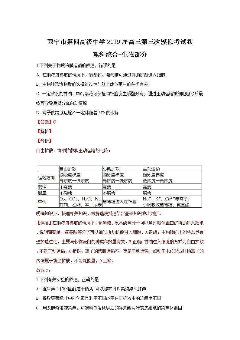 2019【KS5U解析】西宁四中高三上学期第三次模拟（期中）考试理科综合生物试卷含解析01