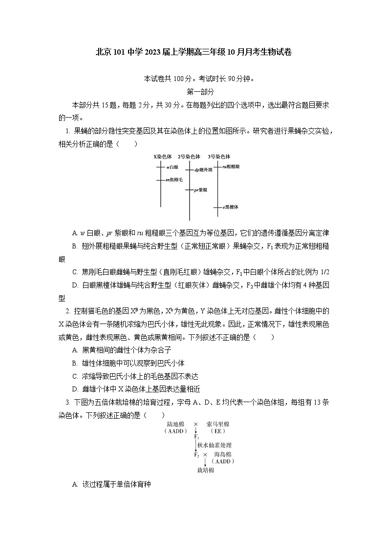 2023北京一零一中学高三上学期10月月考生物试卷含答案01