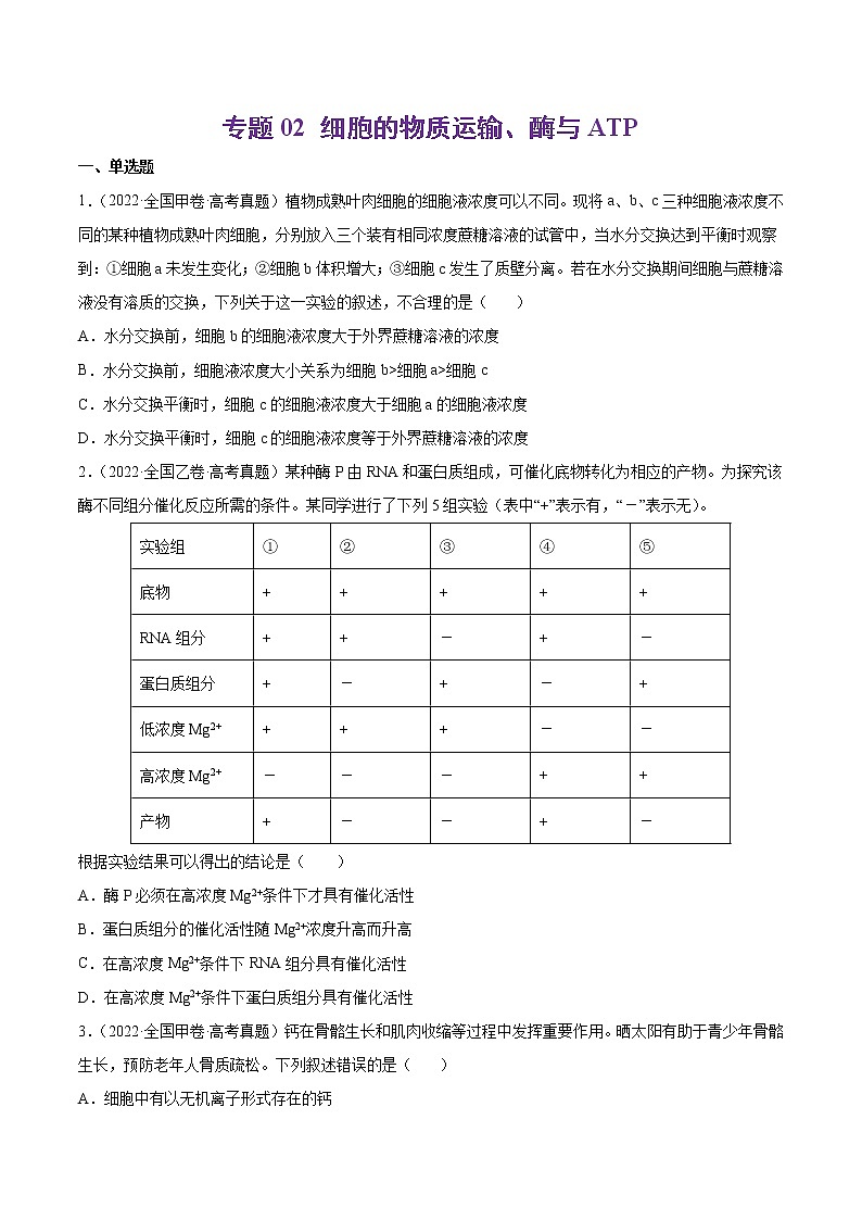 【五年高考真题】最新五年生物高考真题分项汇编——专题02《细胞的物质运输、酶与ATP》（2023全国卷地区通用）01