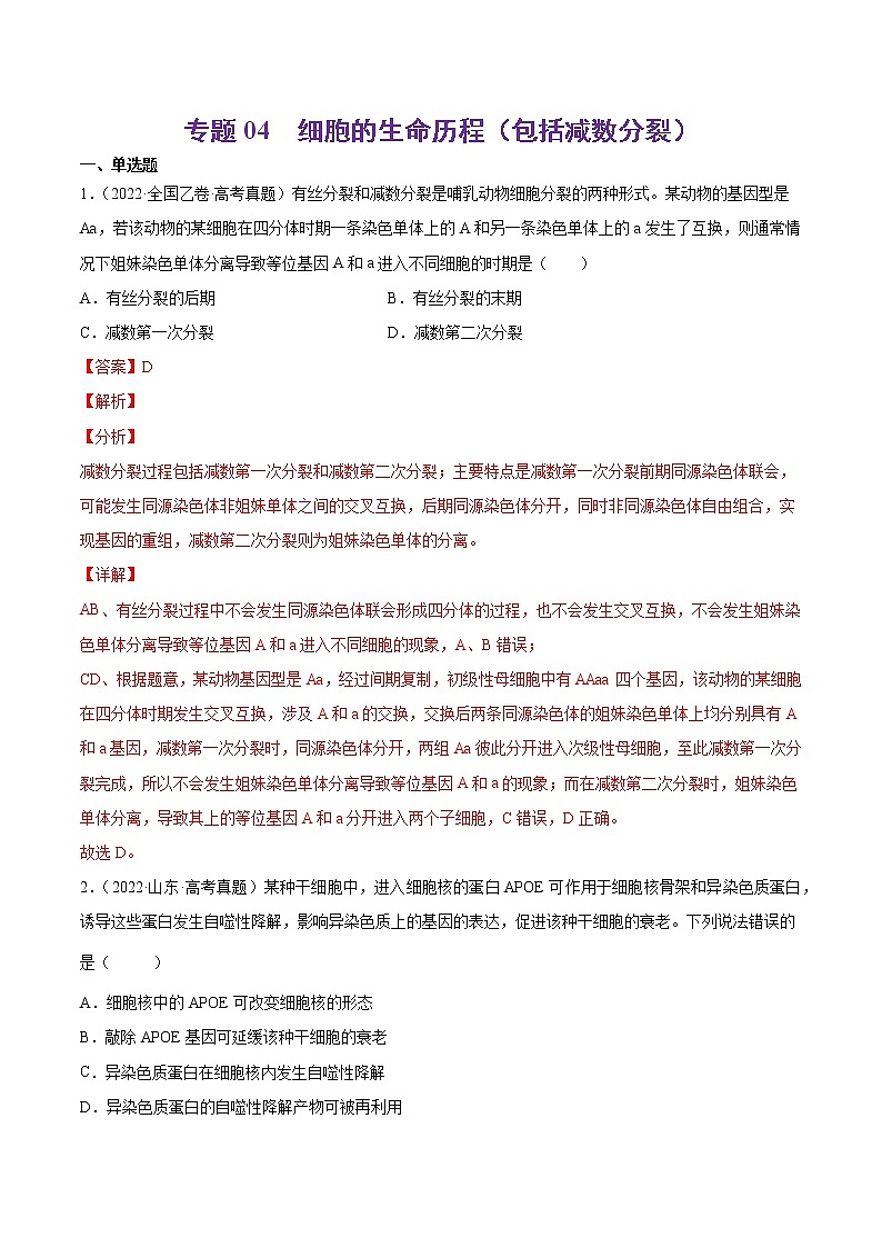 【2018-2022高考真题】高考生物五年真题汇编——专题04《细胞的生命历程（包括减数分裂）》（解析版）（全国卷地区通用）第1页