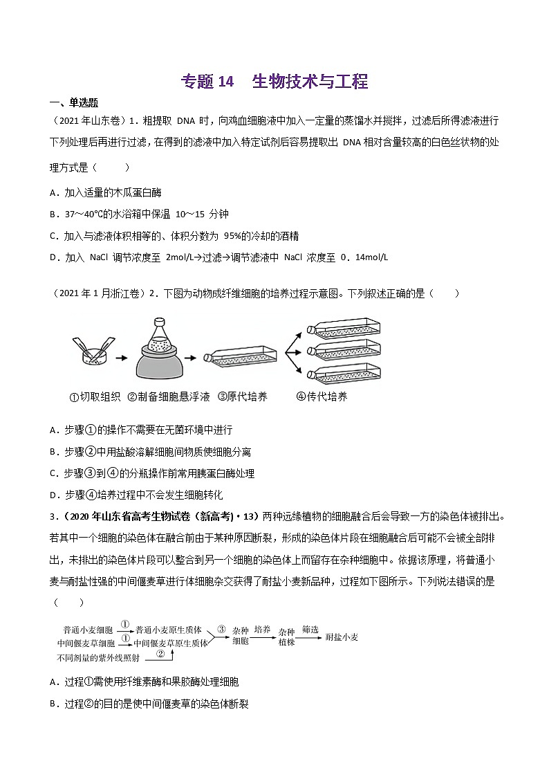 【2018-2022高考真题】高考生物五年真题汇编——专题14《生物技术与工程》（原卷版）（全国卷地区通用）第1页