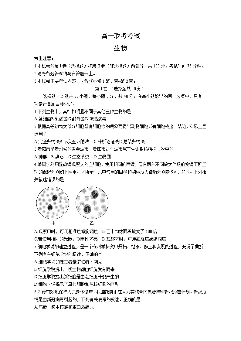 河南省许平汝联盟2022-2023学年高一生物上学期第一次联考试题（Word版附答案）01