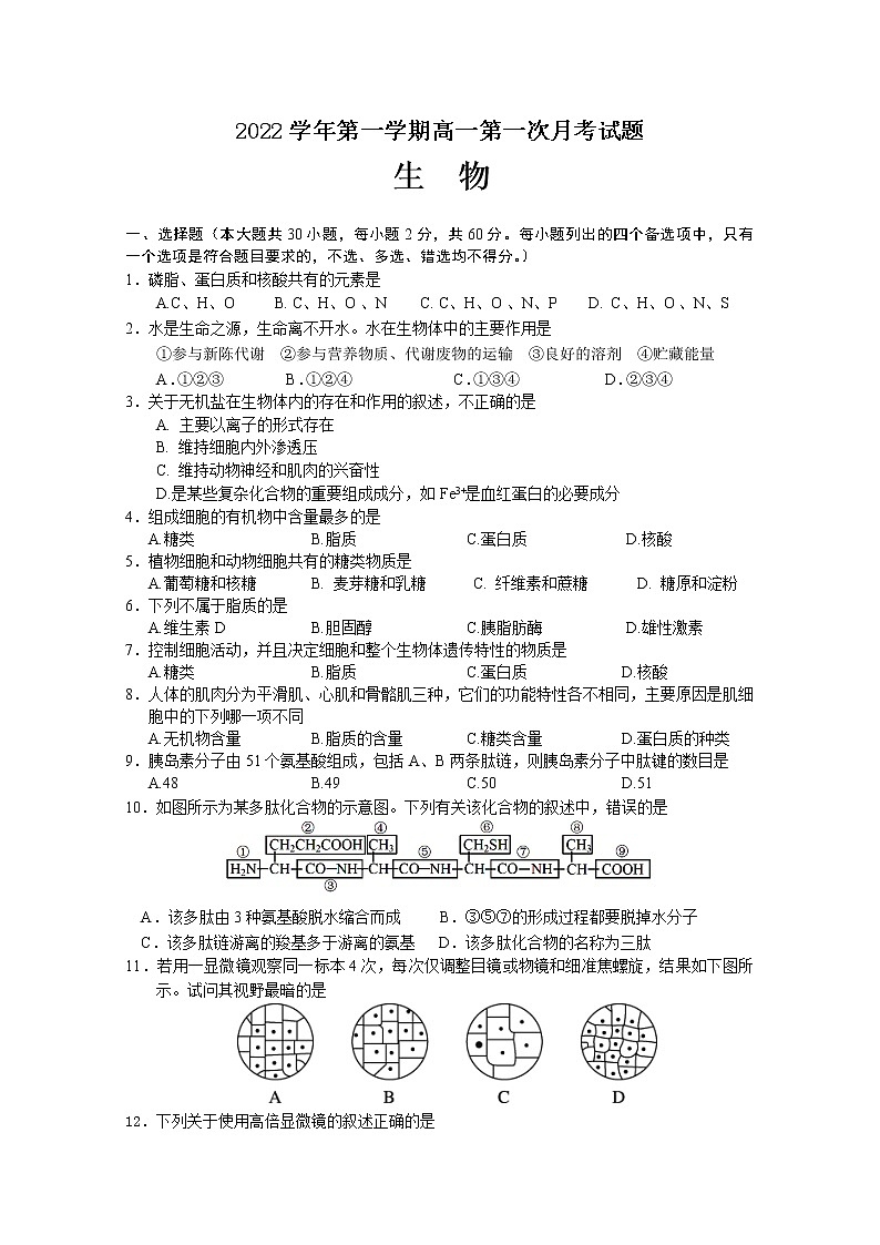 浙江省玉环市玉城中学2022-2023学年高一生物上学期第一次月考试题（Word版附答案）01