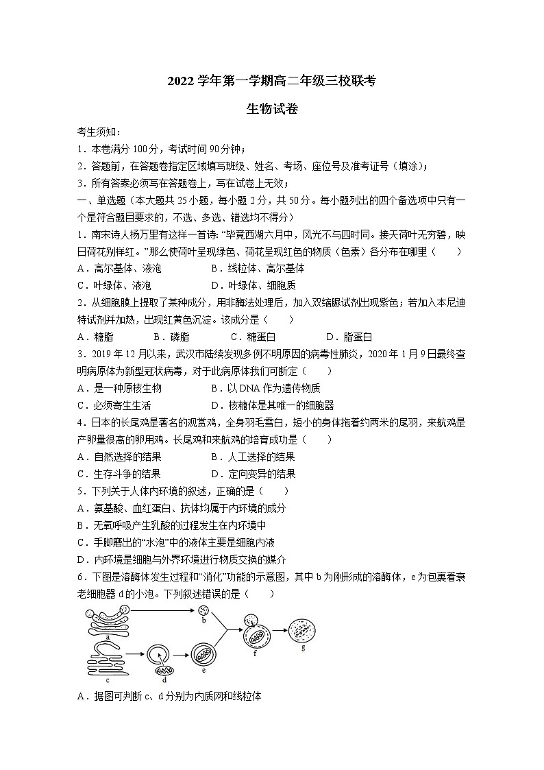 浙江省三校2022-2023学年高二生物上学期10月联考试题（Word版附答案）01