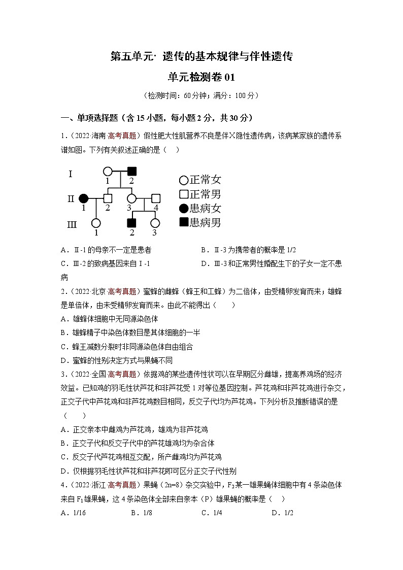 【高考大一轮单元复习】高考生物单元复习课件与检测-第五单元《遗传的基本规律与伴性遗传》（测试卷01）（新教材新高考）（原卷版）第1页