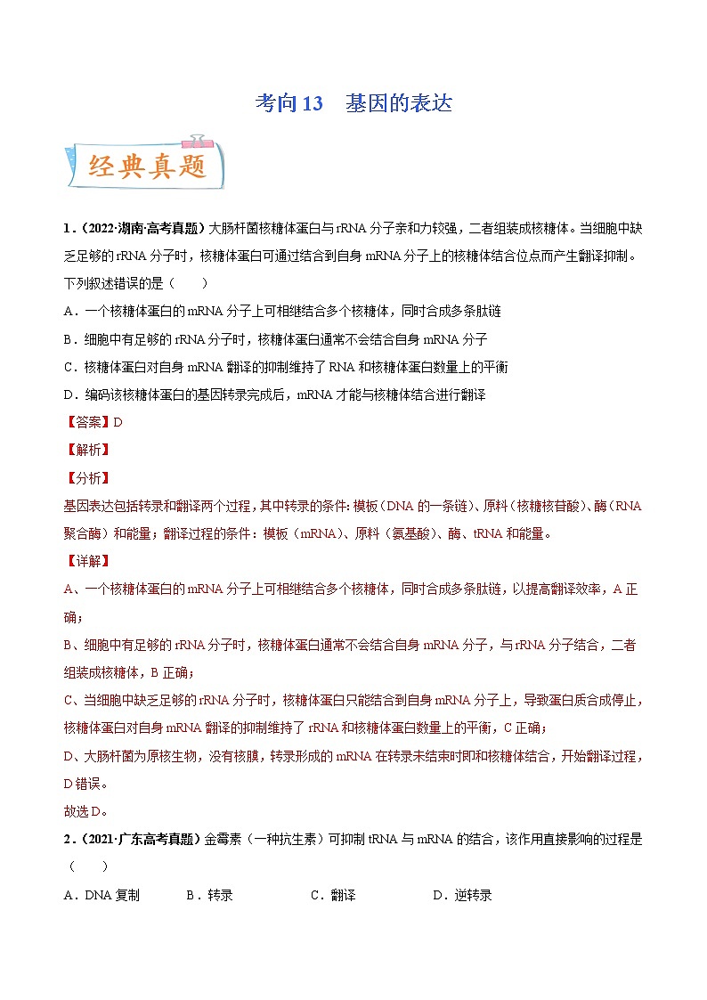 【高考考点专题复习】高考生物考点专题复习——考向13《基因的表达》全能卷（全国通用）（解析版）第1页