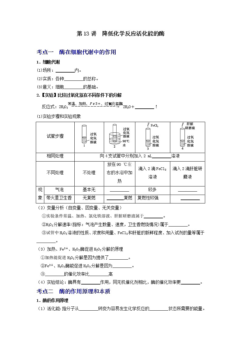 【高考精细化复习】生物（必修1）一轮复习  第13讲《降低化学反应活化能的酶》讲义（原卷版）（全国通用）第1页