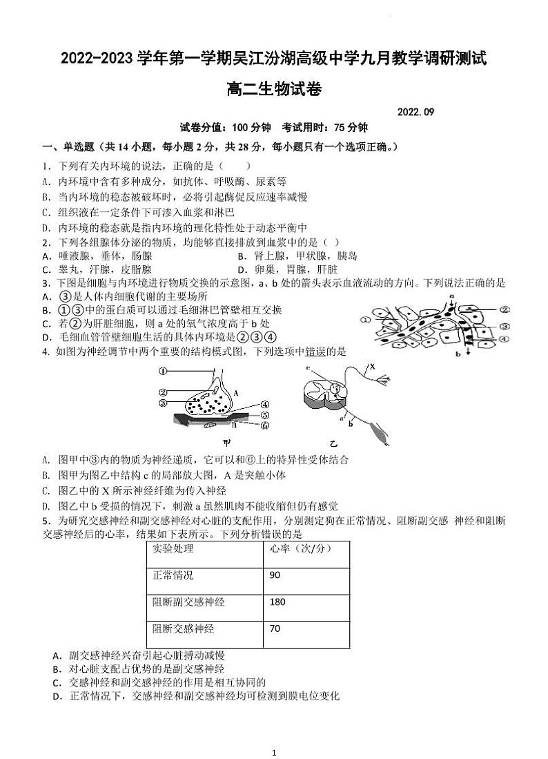 2023苏州吴江汾湖高级中学高二上学期9月教学调研测试生物试题PDF版含答案01