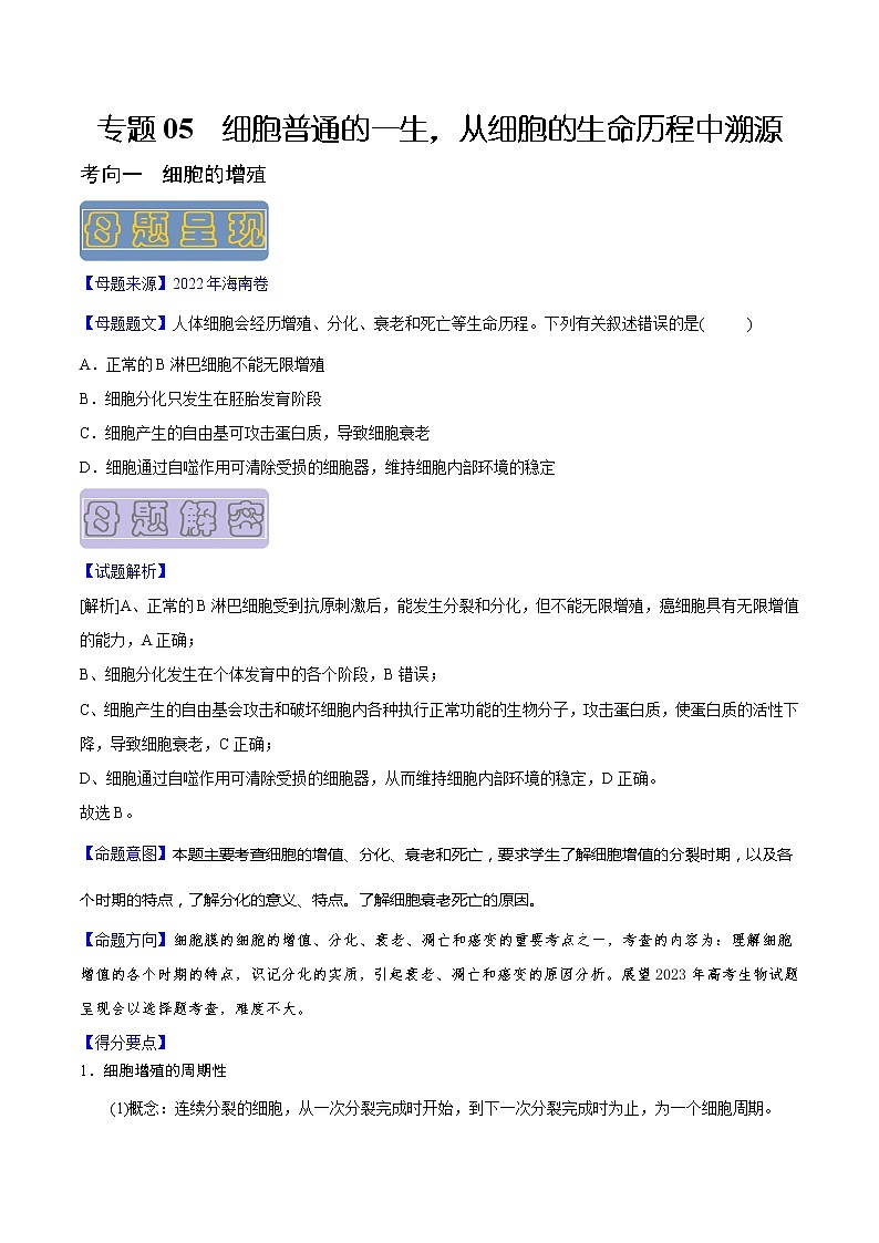 【高考真题解密】高考生物真题题源-专题05《细胞普通的一生，从细胞的生命历程中溯源》母题解密（全国通用）（原卷版）第1页