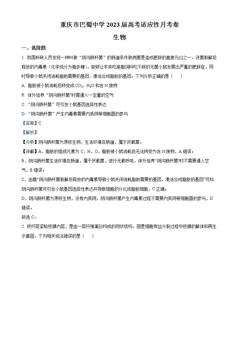 2023重庆市巴蜀中学高三上学期适应性月考试题（三）生物含解析01