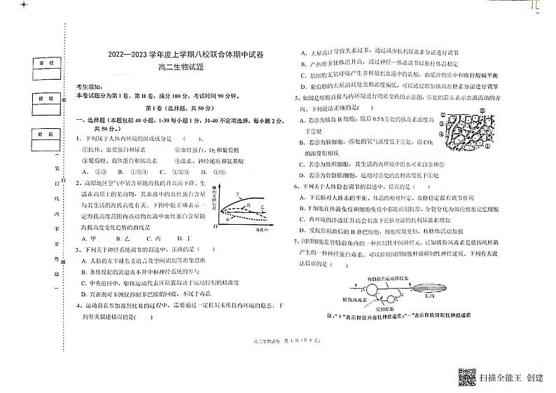 2023省齐齐哈尔八校高二上学期期中考试生物试题PDF版含答案01