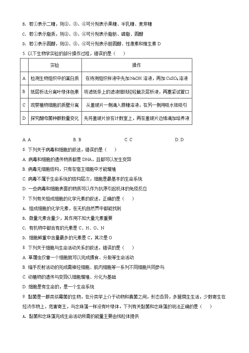 2022喀什六中高一上学期期中考试生物试题含解析02
