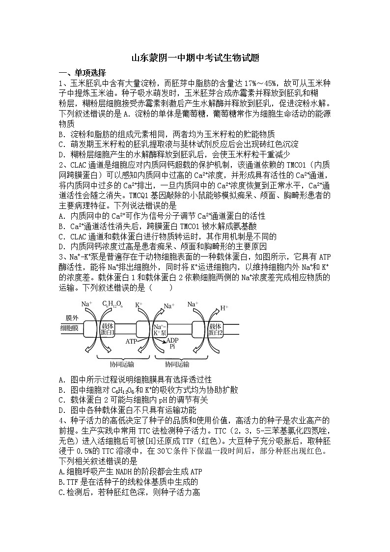 山东省蒙阴第一中学2022-2023学年高三上学期期中考试生物试题（含答案）第1页