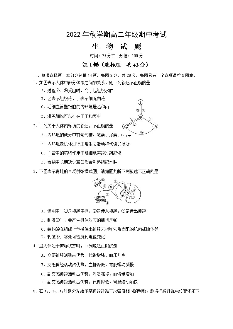 江苏省盐城市滨海县东元高级中学、射阳高级中学等三校2022-2023学年高二生物上学期期中试卷（Word版附答案）第1页