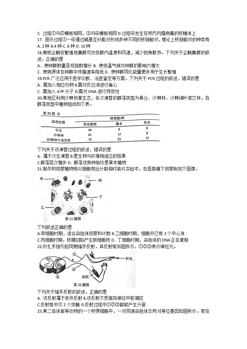 2023温州普通高中高三第一次适应性考试（一模）生物试题含答案03