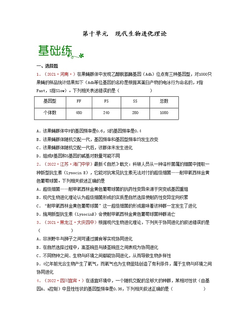 第十单元 现代生物进化理论（原卷版）练习第1页
