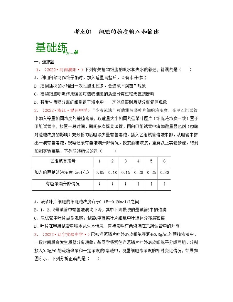 考点01 细胞的物质输入和输出（原卷版）练习第1页