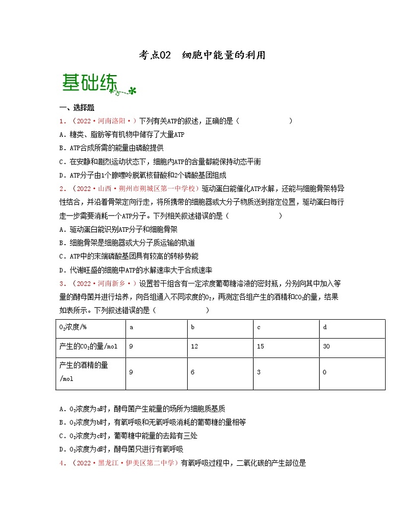 考点02 细胞中能量的利用（原卷版）练习第1页